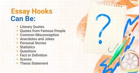 Examples of hooks for essays - 5 Types of Essay Hooks (With Examples) Statement; Statistics; Question; Quotation; Story; So, what are the hook types in formal works like academic writing? …